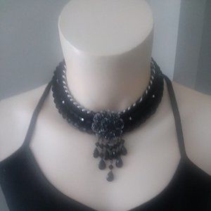 Handmade recycled black flower beaded dangle statement choker necklace OOAK